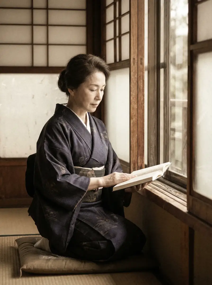 一位优雅的五十岁 9.1网站 身穿深蓝色和服，在窗边静读